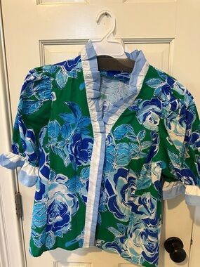 entro Green & Blue Floral Ruffle-Trim Blouse